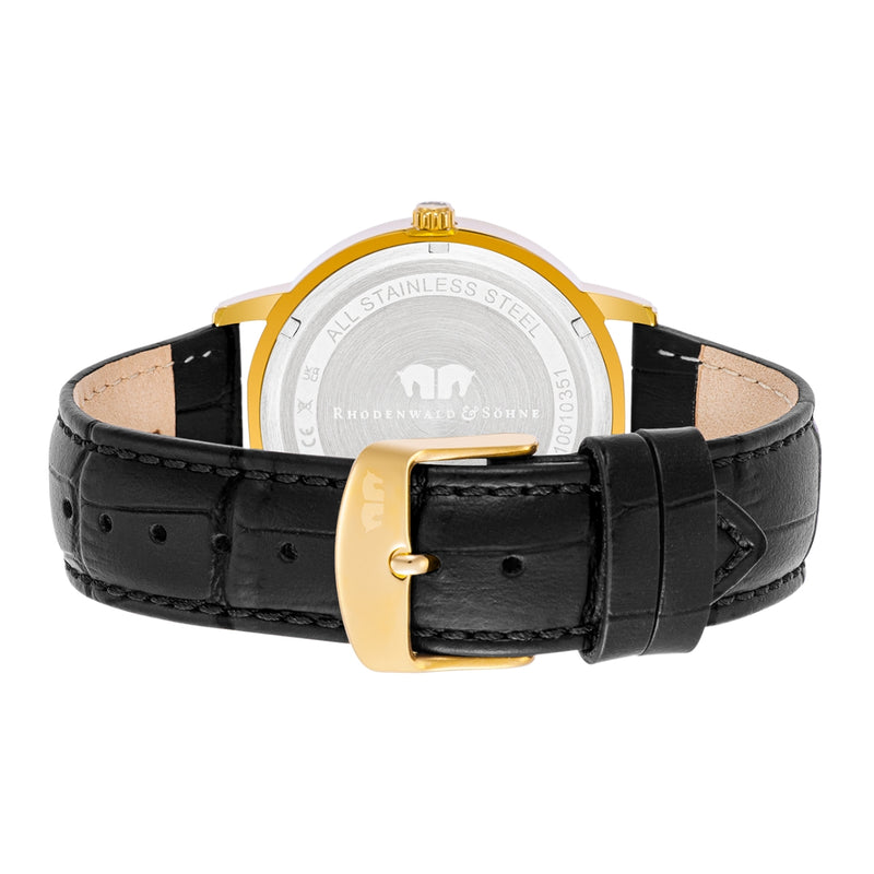 Herren Quarzuhr gelbgold Echtleder schwarz