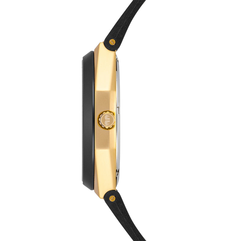 Herren Quarzuhr gelbgold Echtleder/Silikon schwarz