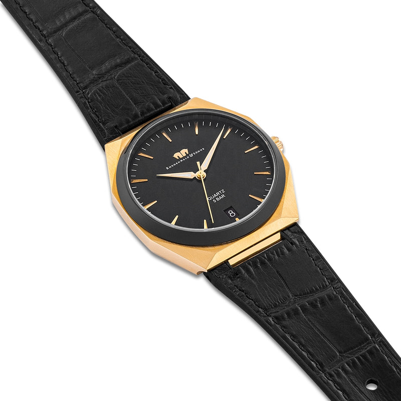 Herren Quarzuhr gelbgold Echtleder/Silikon schwarz