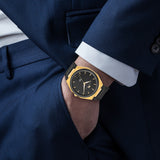 Herren Quarzuhr gelbgold Echtleder/Silikon schwarz
