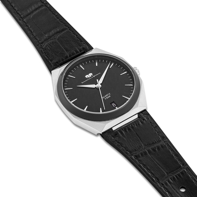Herren Quarzuhr silber Echtleder/Silikon schwarz