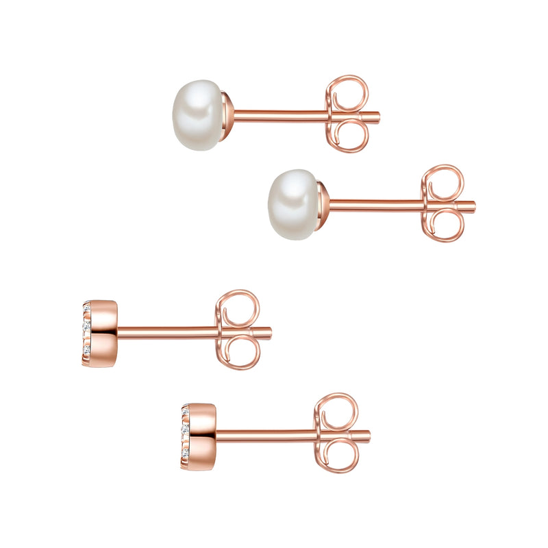 2er Set Ohrstecker Sterling Silber roségold Zirkonia weiß Süßwasser-Zuchtperle weiß