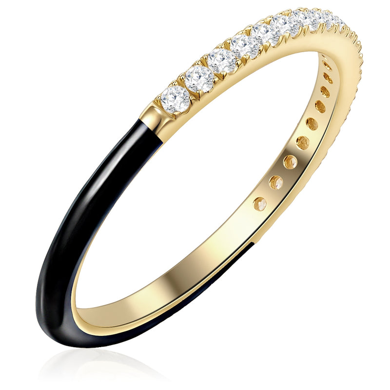 Ring Sterling Silber gelbgold Zirkonia weiß Emaille schwarz