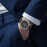 Herren Chronograph silber Echtleder schwarz