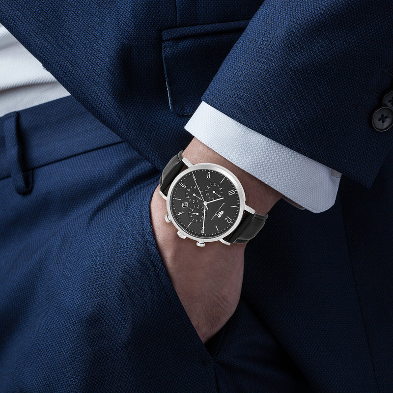 Herren Chronograph silber Echtleder schwarz