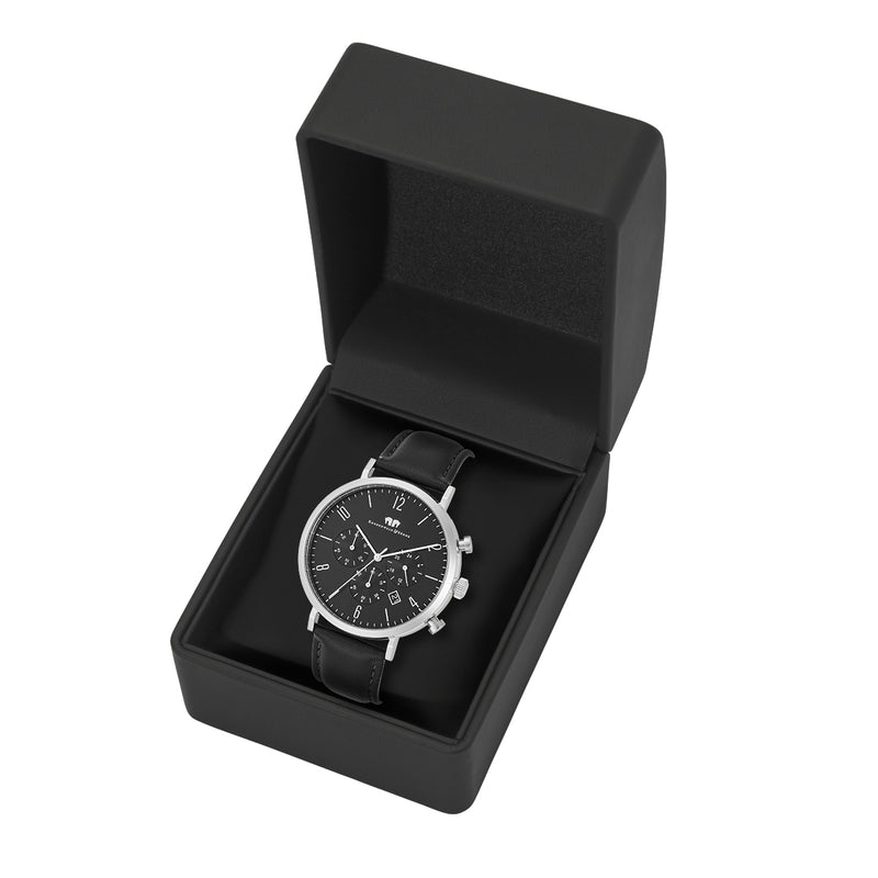 Herren Chronograph silber Echtleder schwarz