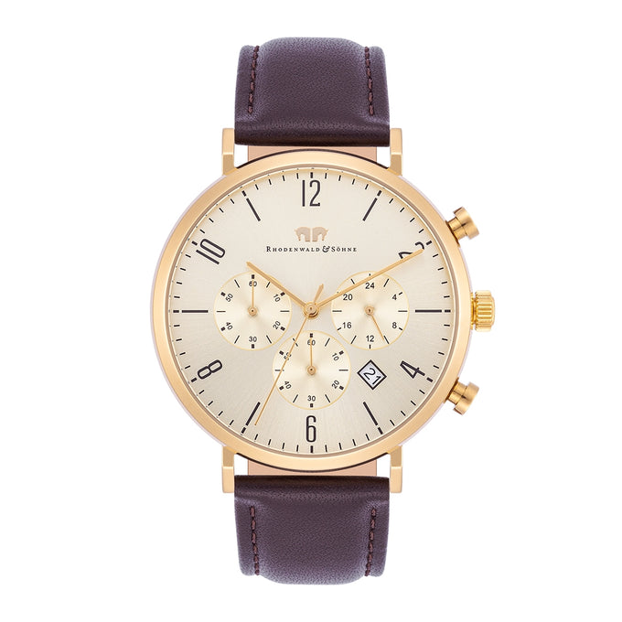 Herren Chronograph gelbgold Echtleder braun