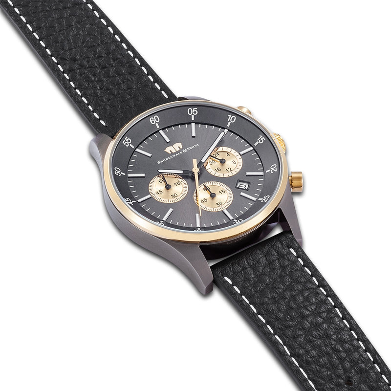 Herren Chronograph gelbgold Echtleder schwarz