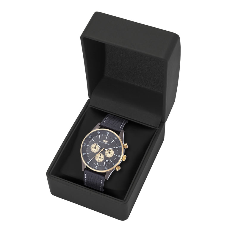 Herren Chronograph gelbgold Echtleder schwarz