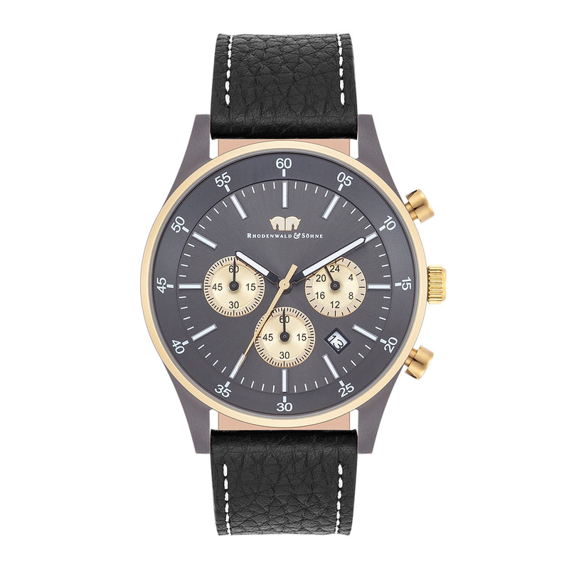 Herren Chronograph gelbgold Echtleder schwarz