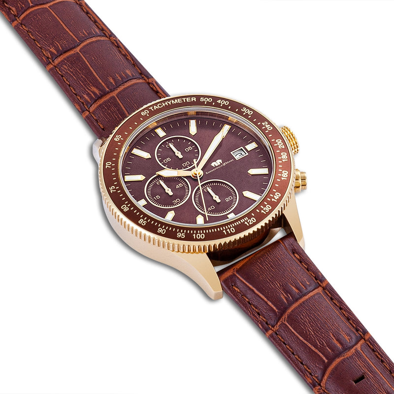 Herren Chronograph gelbgold Echtleder braun