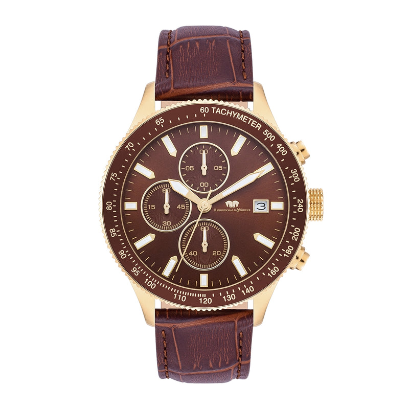 Herren Chronograph gelbgold Echtleder braun