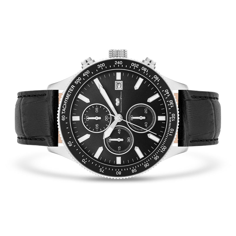Herren Chronograph silber Echtleder schwarz