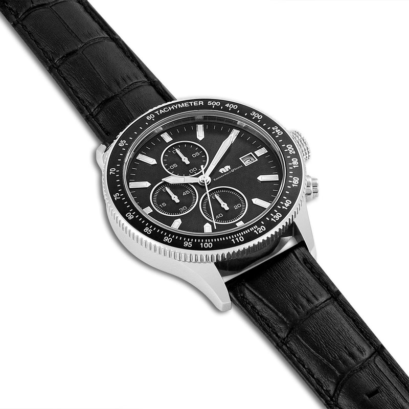 Herren Chronograph silber Echtleder schwarz