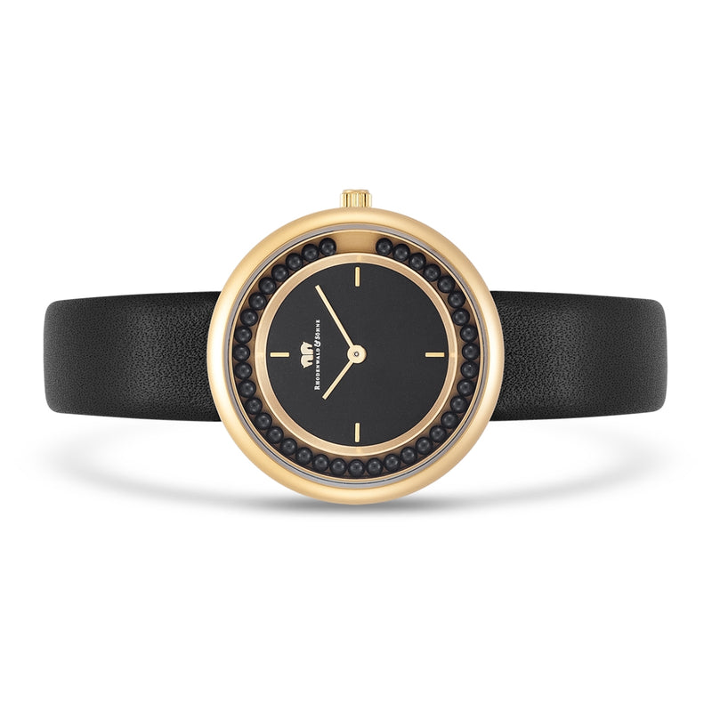 Damen Quarzuhr gelbgold Echtleder schwarz