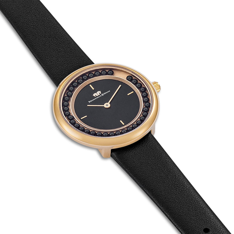 Damen Quarzuhr gelbgold Echtleder schwarz