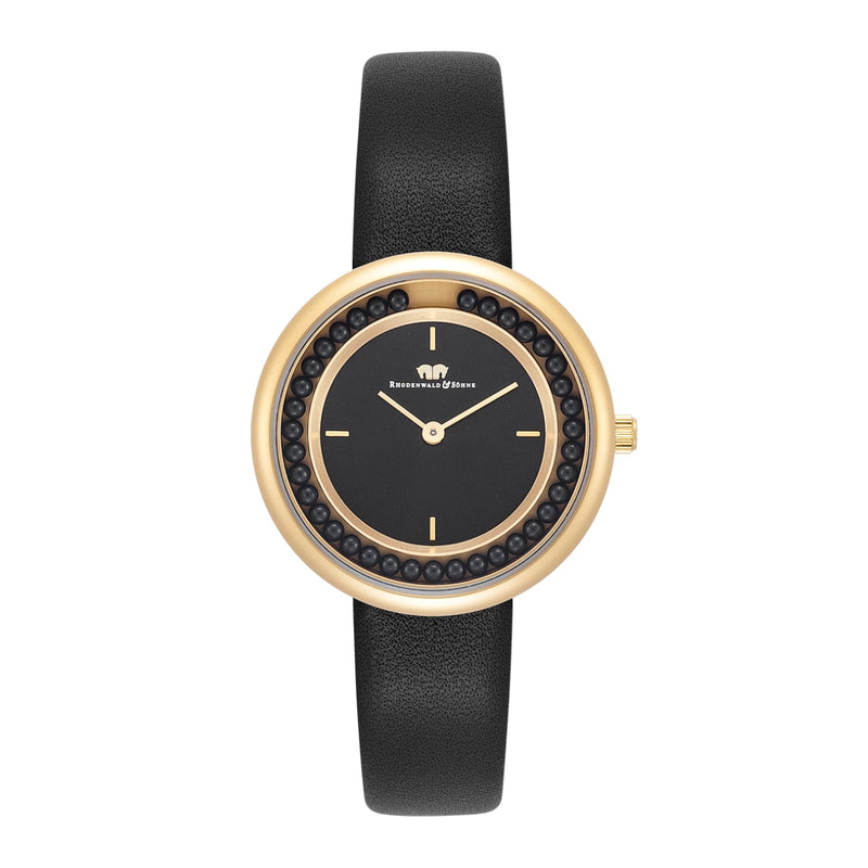 Damen Quarzuhr gelbgold Echtleder schwarz