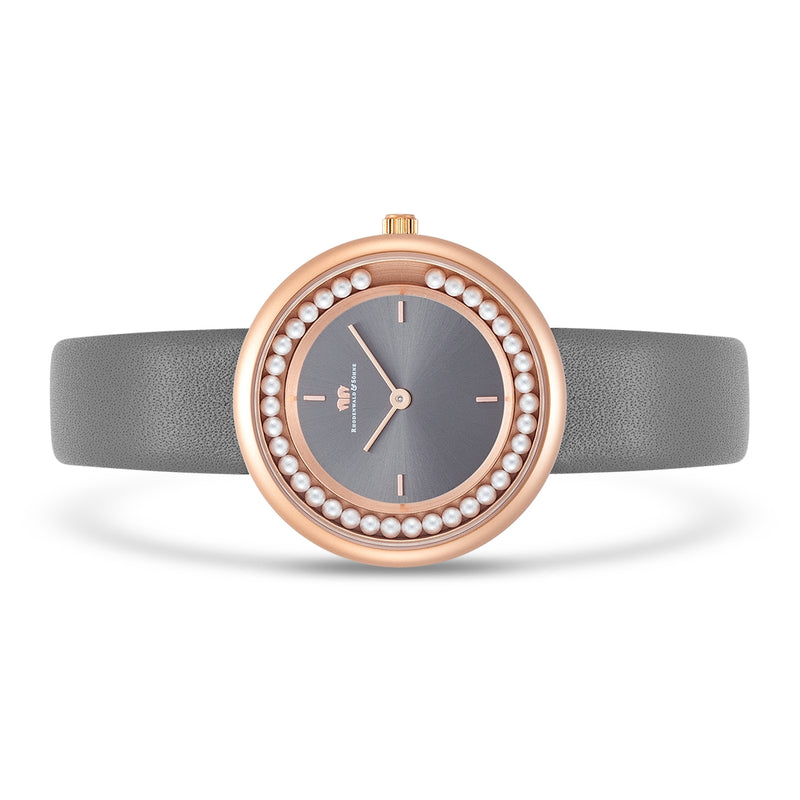 Damen Quarzuhr roségold Echtleder grau