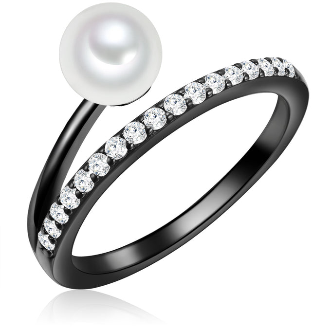 Ring Sterling Silber schwarz Süßwasser-Zuchtperle weiß Zirkonia weiß