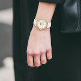 Damen Multifunktionsuhr gelbgold Echtleder weiß