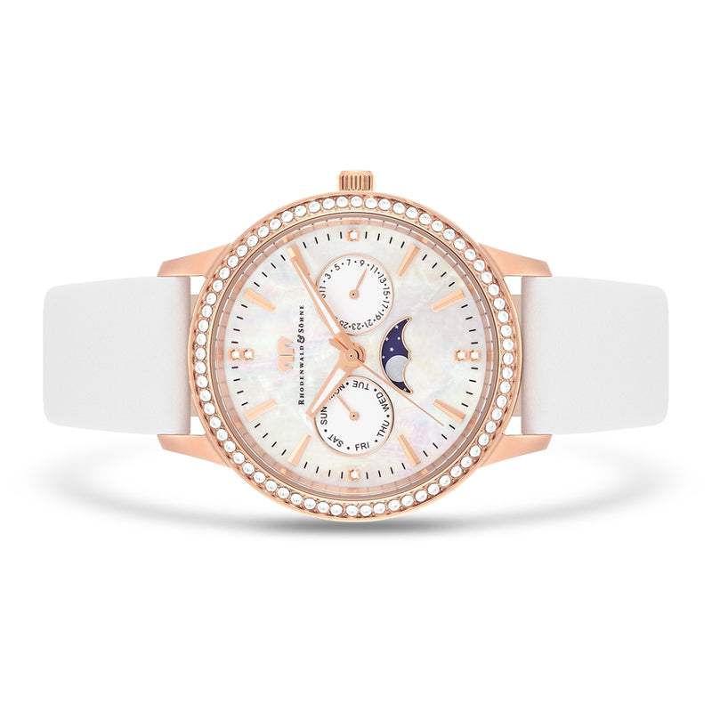 Damen Multifunktionsuhr roségold Echtleder weiß