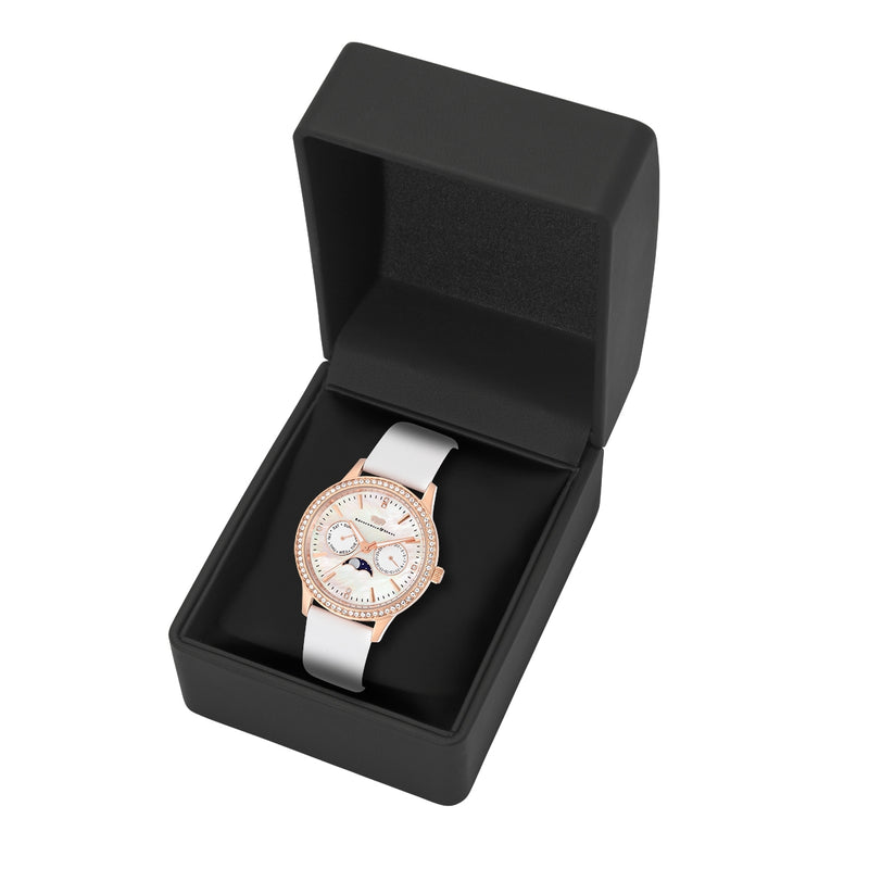 Damen Multifunktionsuhr roségold Echtleder weiß