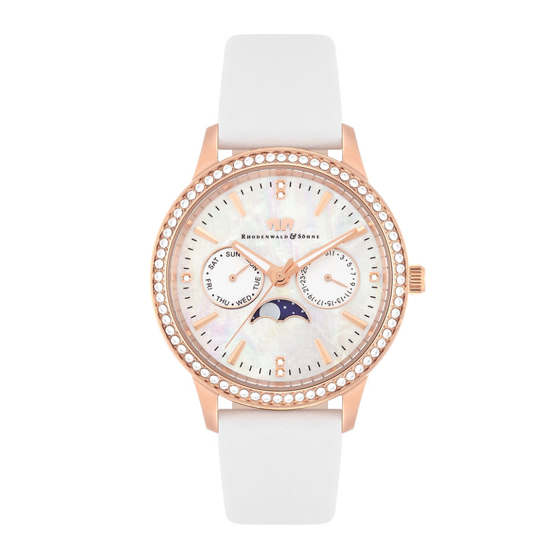 Damen Multifunktionsuhr roségold Echtleder weiß