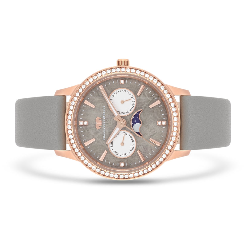 Damen Multifunktionsuhr roségold Echtleder grau