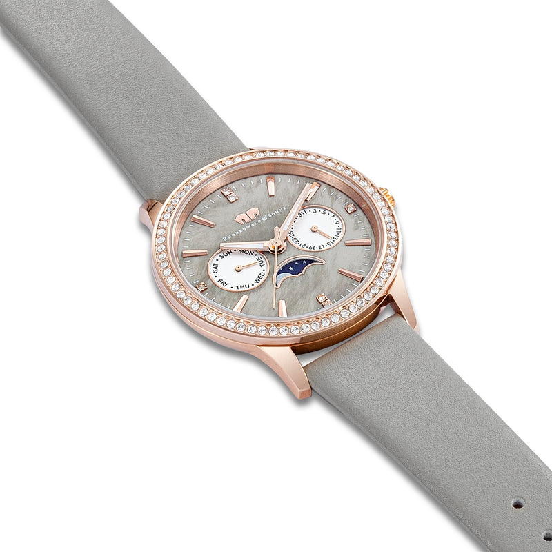 Damen Multifunktionsuhr roségold Echtleder grau