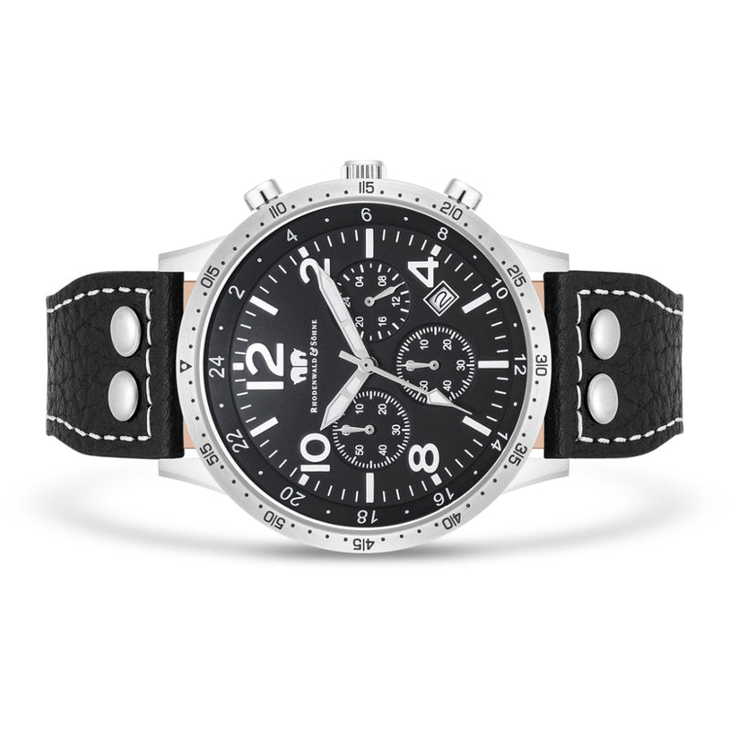 Herren Chronograph silber Echtleder schwarz