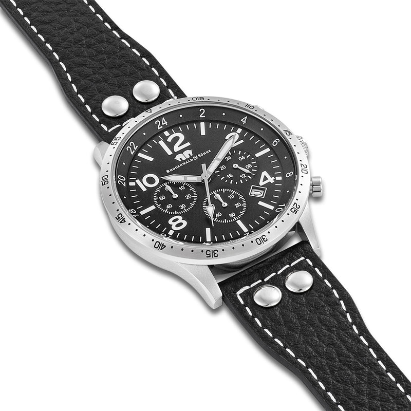 Herren Chronograph silber Echtleder schwarz