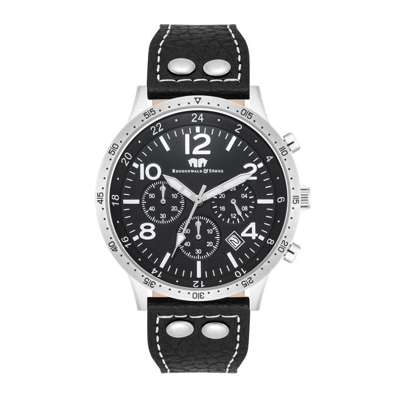 Herren Chronograph silber Echtleder schwarz