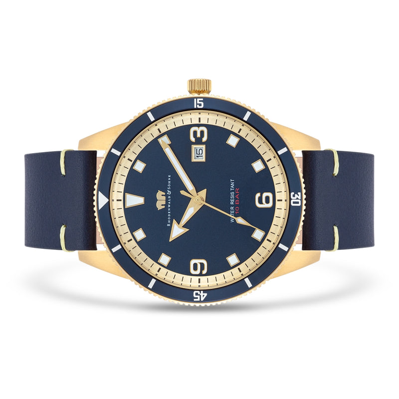 Herren Quarzuhr gelbgold Echtleder blau
