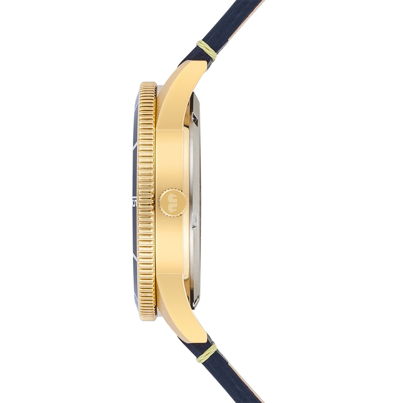 Herren Quarzuhr gelbgold Echtleder blau