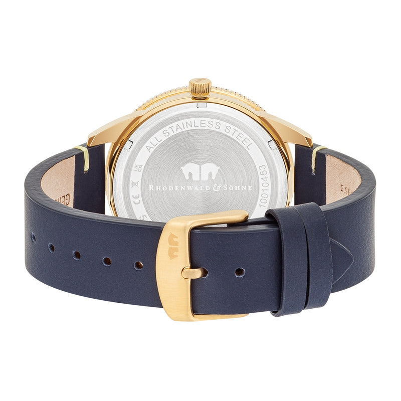 Herren Quarzuhr gelbgold Echtleder blau
