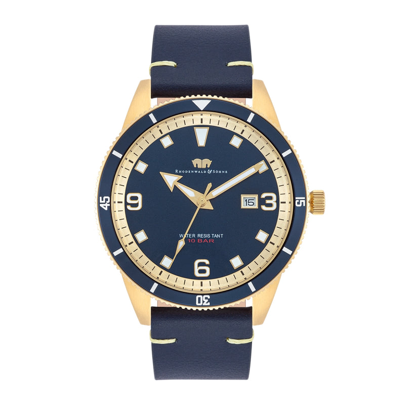 Herren Quarzuhr gelbgold Echtleder blau