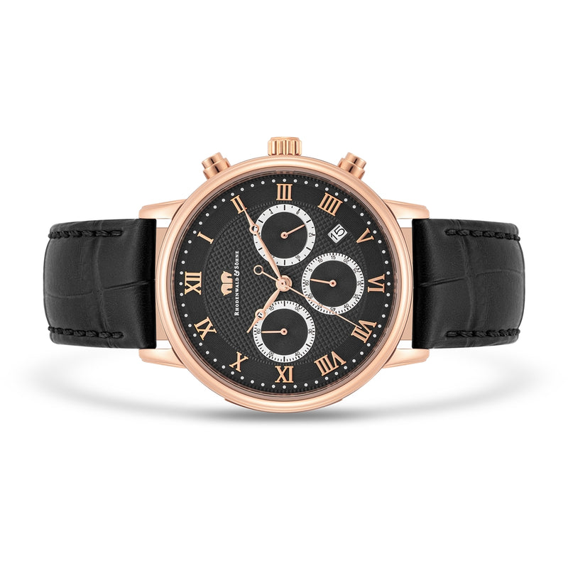 Herren Chronograph roségold Echtleder schwarz
