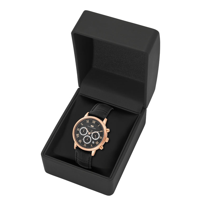 Herren Chronograph roségold Echtleder schwarz