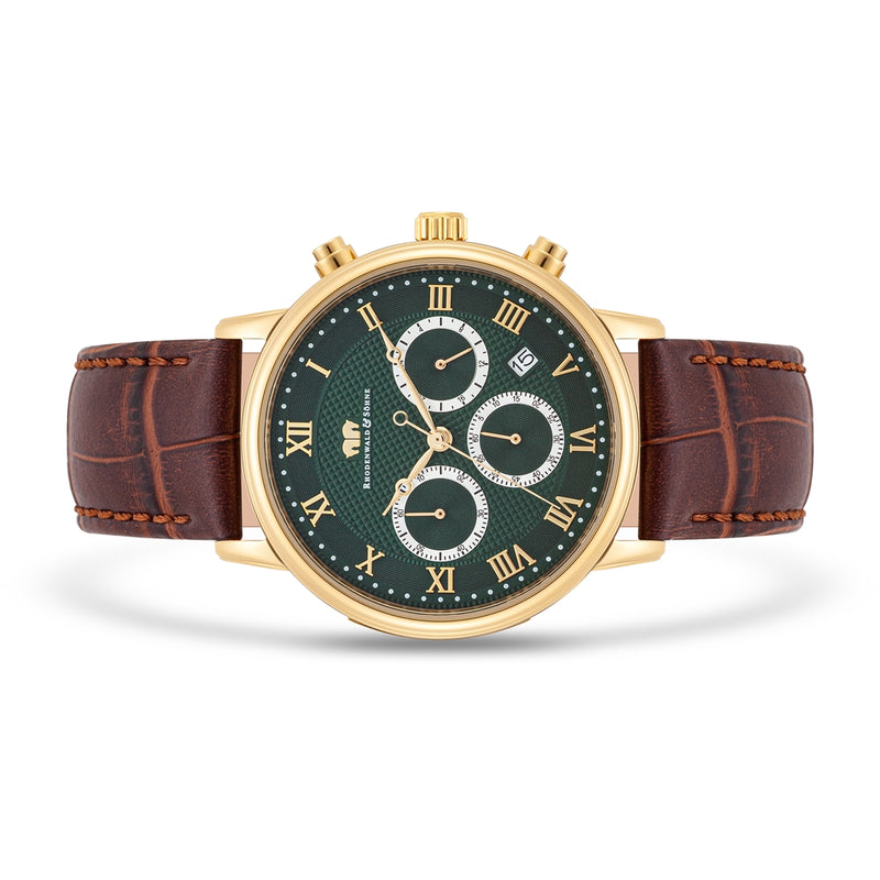 Herren Chronograph gelbgold Echtleder dunkelbraun