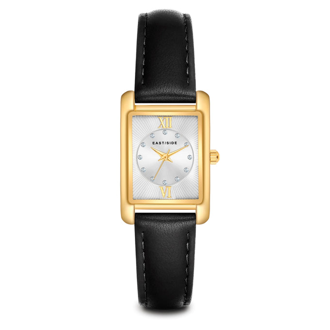 Damen Quarzuhr gelbgold Echtleder schwarz