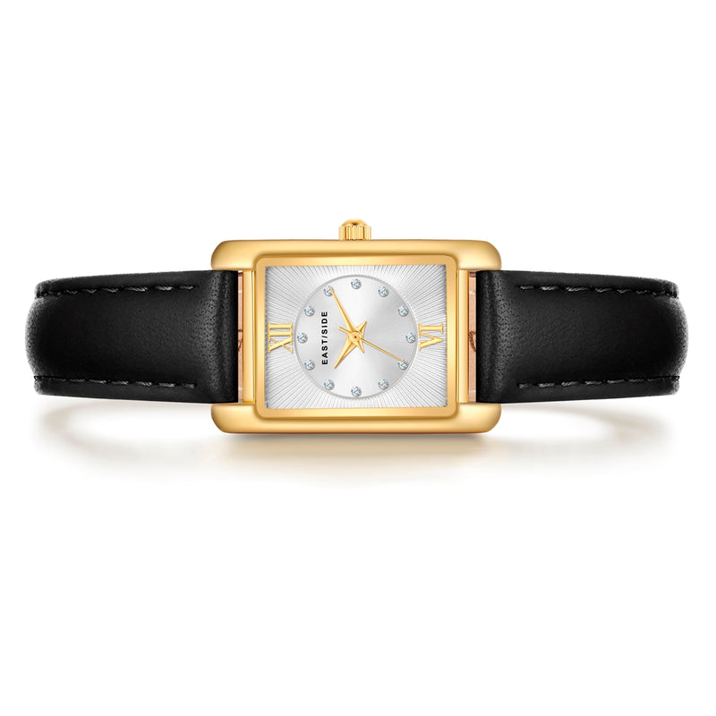 Damen Quarzuhr gelbgold Echtleder schwarz