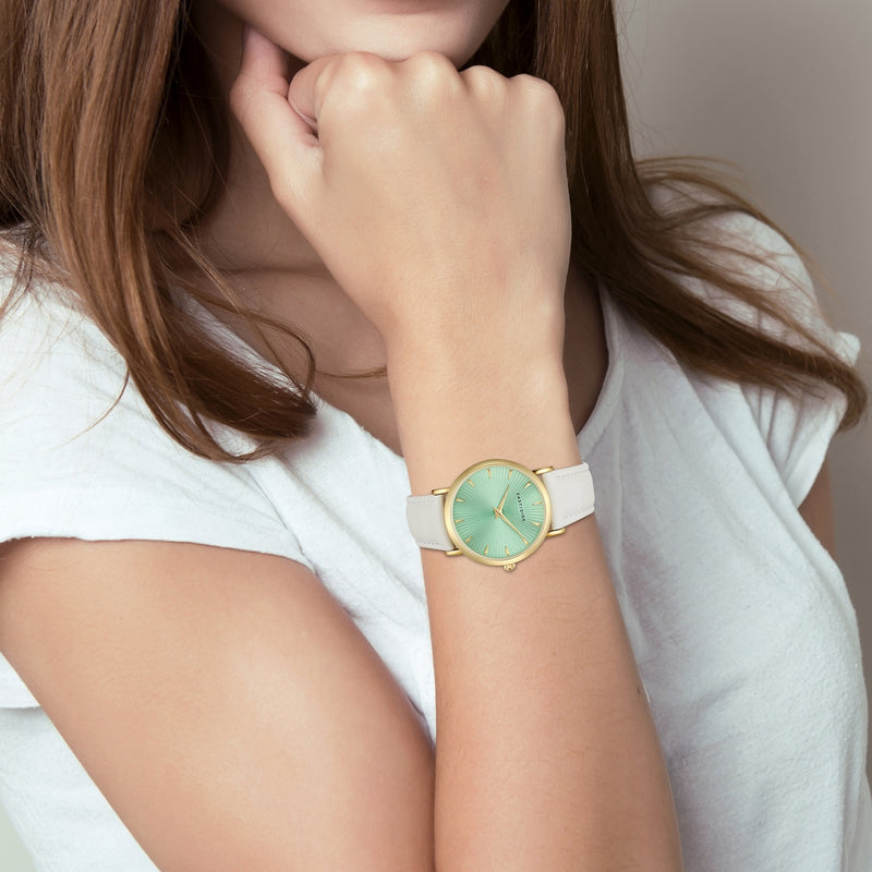 Damen Quarzuhr gelbgold Echtleder weiß