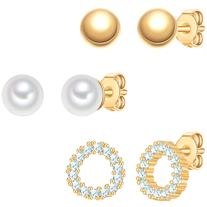 3er Set Ohrstecker gelbgold Zirkonia weiß Perle (synth.) weiß