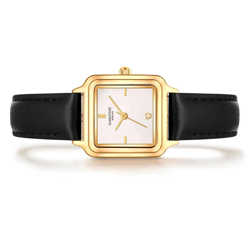 Damen Quarzuhr gelbgold Echtleder schwarz