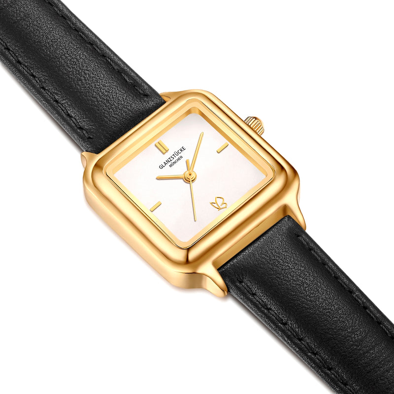 Damen Quarzuhr gelbgold Echtleder schwarz