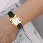 Damen Quarzuhr gelbgold Echtleder schwarz
