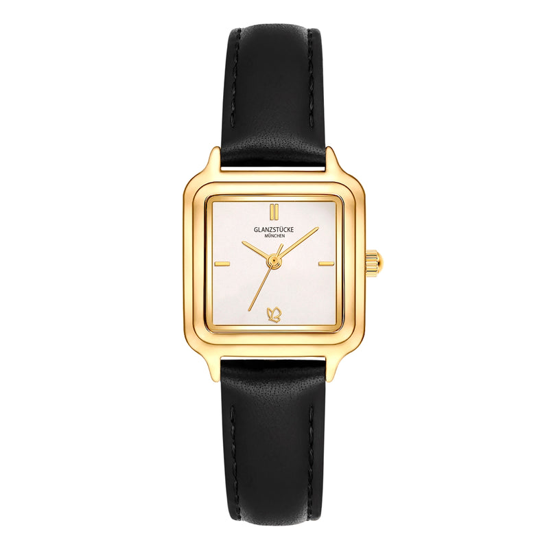 Damen Quarzuhr gelbgold Echtleder schwarz