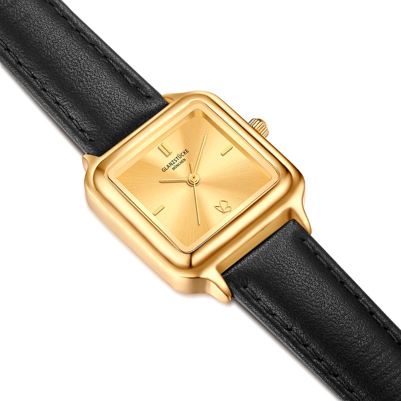 Damen Quarzuhr gelbgold Echtleder schwarz