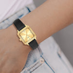 Damen Quarzuhr gelbgold Echtleder schwarz