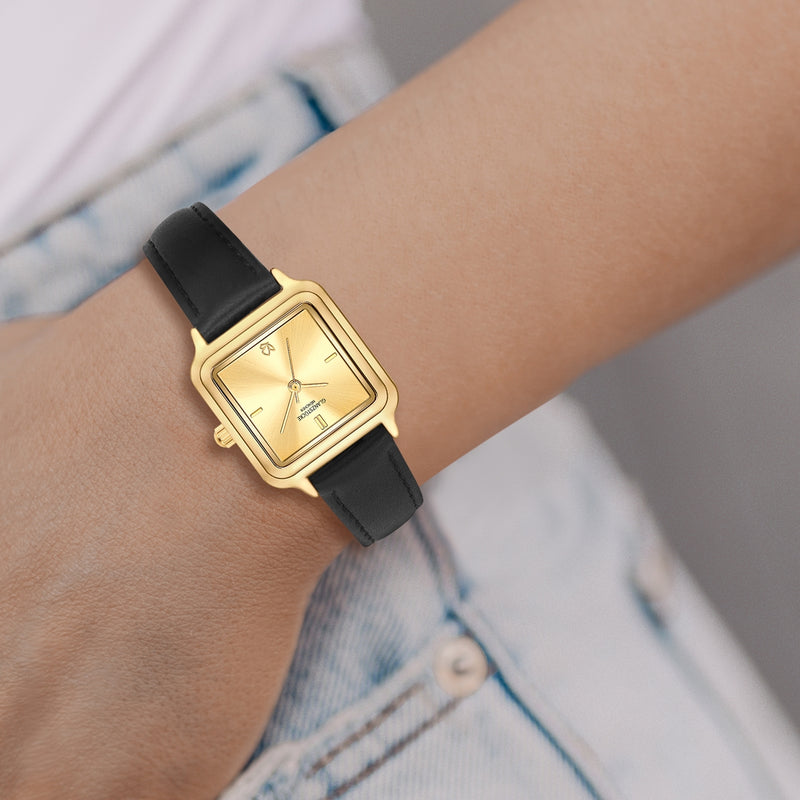 Damen Quarzuhr gelbgold Echtleder schwarz